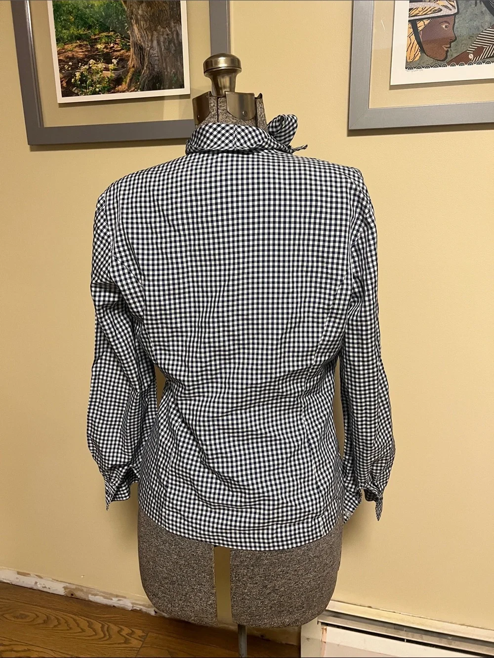 Classic Black & White Gingham Tie-Neck Button-Down Shirt - Picture 2 of 8